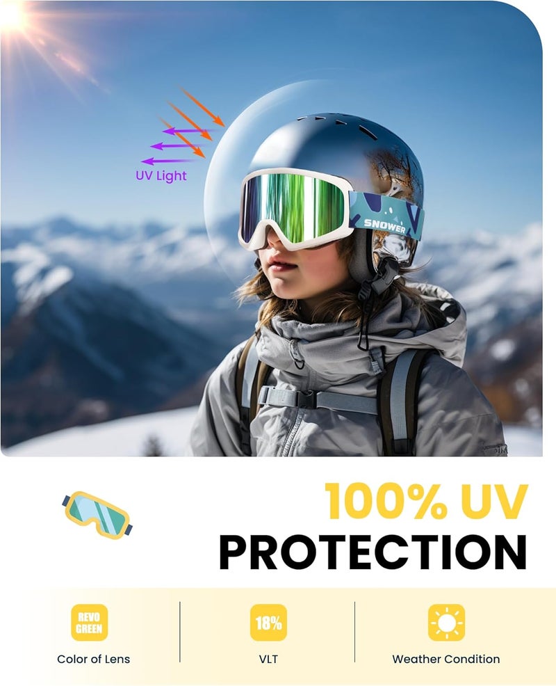 Snower Kids Ski Goggles, Anti-Fog Snow Goggles with OTG Design, 100% UV Protection, HD Lens for Kids Boys Girls - Image 2